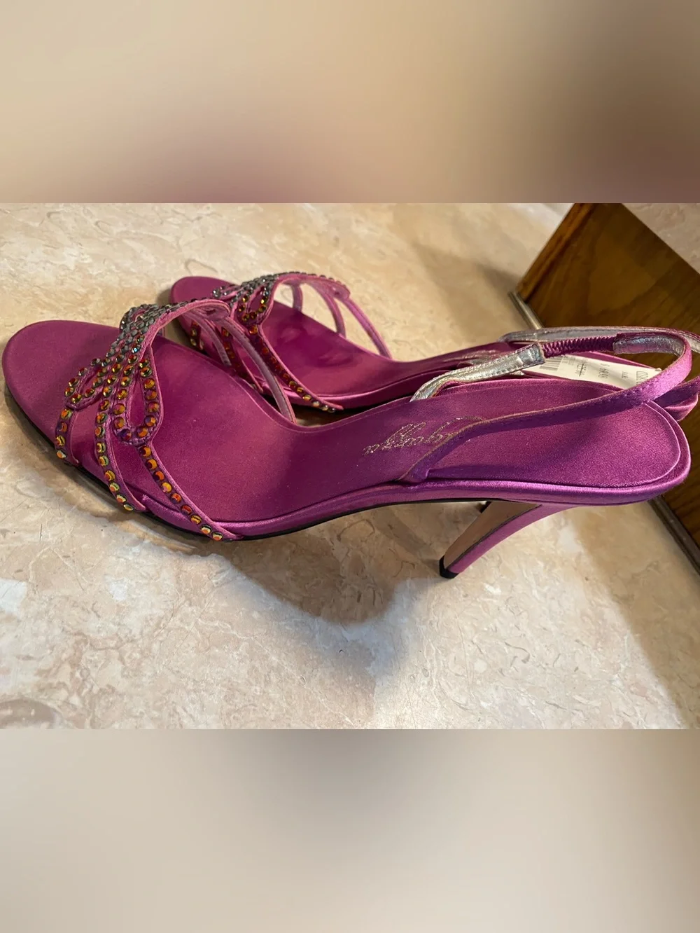 Roberto Botticelli Fuchsia Satin Slingback Heels with Crystal Accents